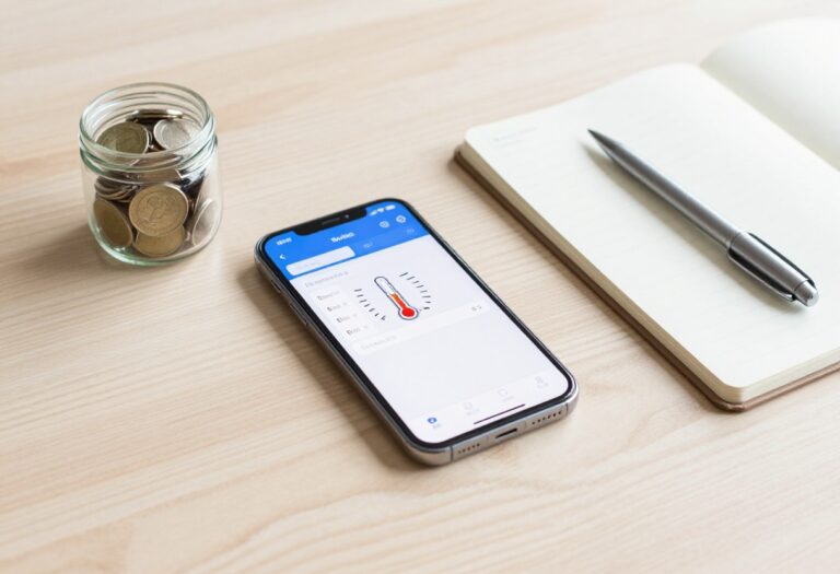 Flat lay of savings tracker tools including smartphone, coin jar, notebook, and pen on a wooden table.