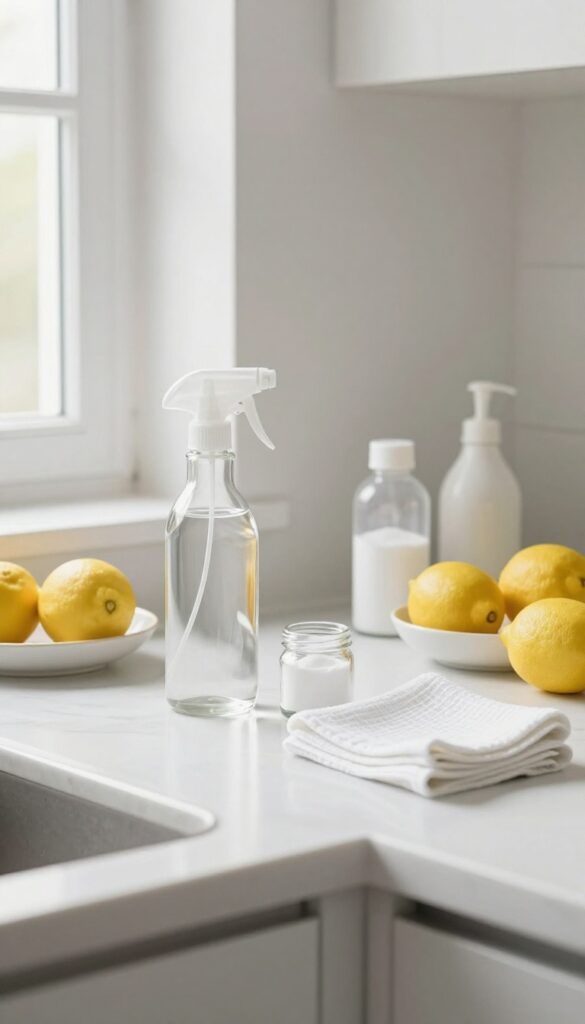 Homemade cleaning supplies on a kitchen counter with vinegar, baking soda, and lemons.