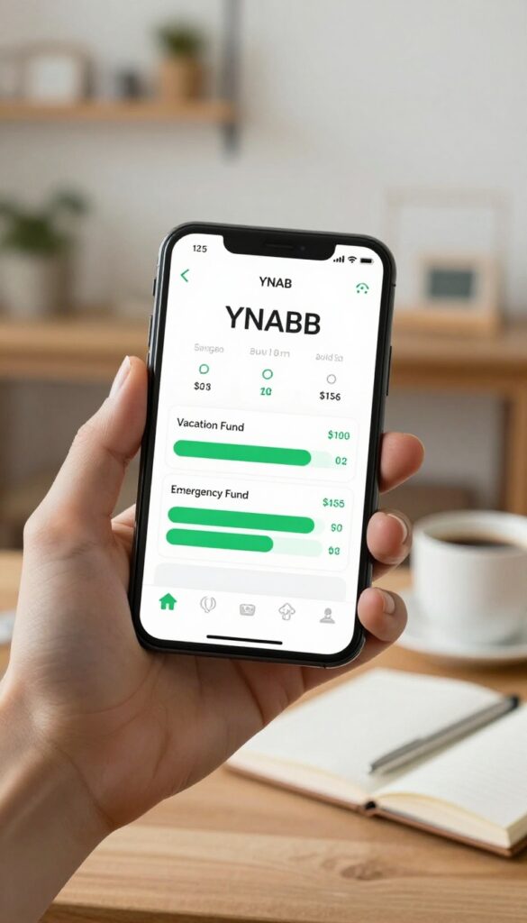 Person holding smartphone showing YNAB savings tracker with progress bars in a bright home office setting