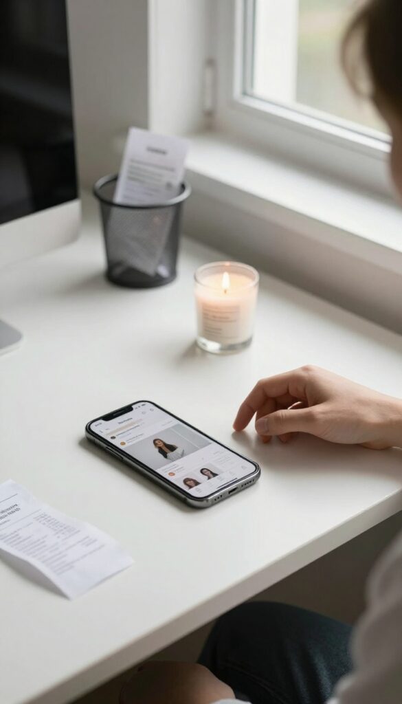 Young adult's desk with smartphone, candle, and crumpled receipt in waste bin, symbolizing the 24-hour rule for non-essential purchases.