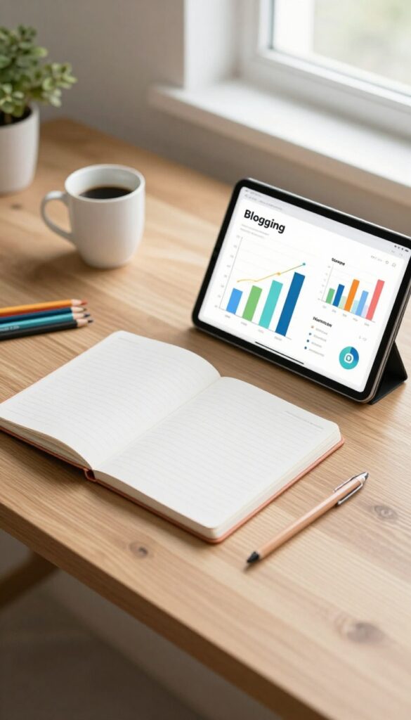 A desk setup with a tablet showing a colorful infographic, notebook, colored pencils, coffee cup, and plant in natural light