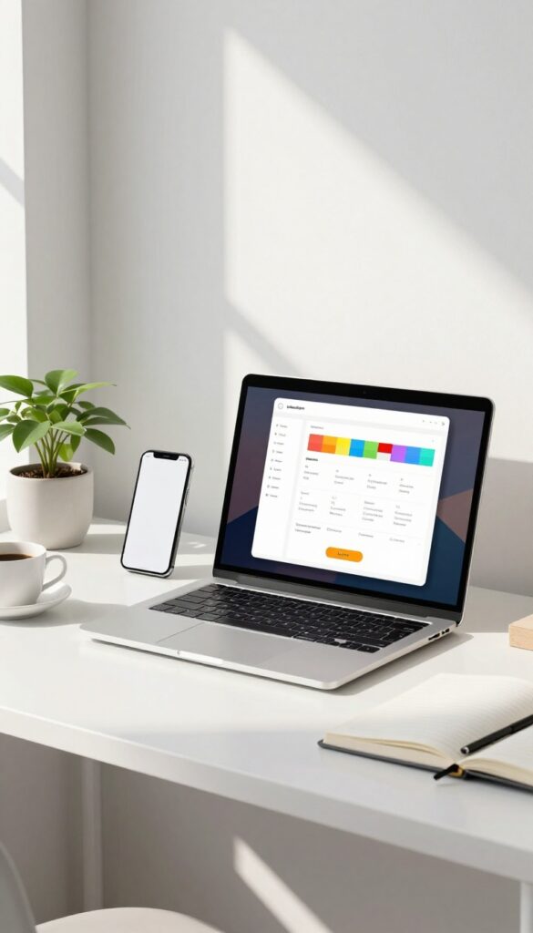 Workspace with laptop showing no-code app builder and smartphone mockup