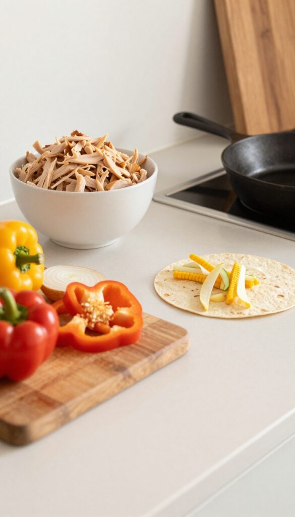 Leftover chicken and vegetables ready to be turned into tacos on a clean kitchen countertop