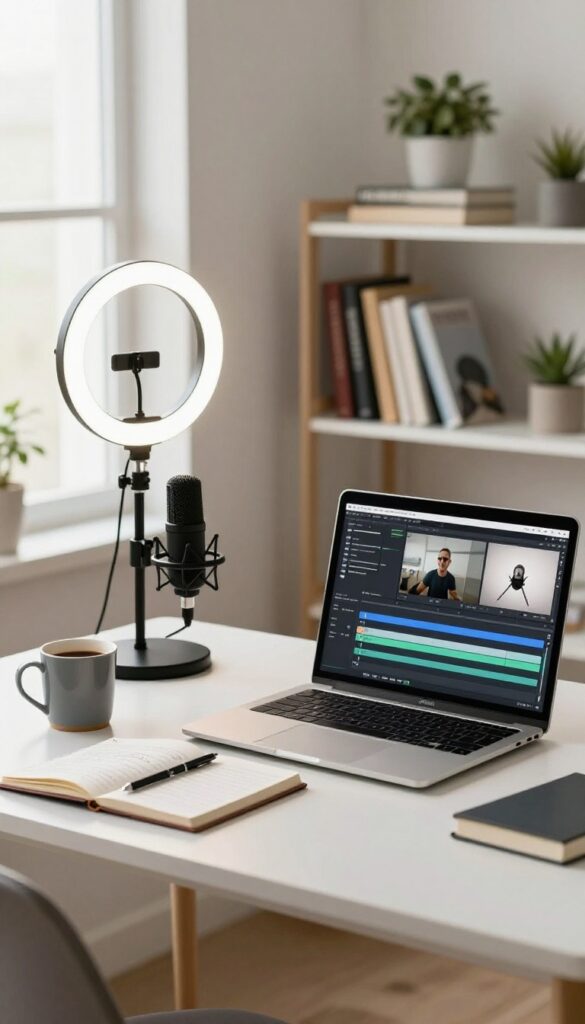 A blogger's desk setup with video and podcast equipment, including a microphone, ring light, and laptop, in a bright, cozy home office.