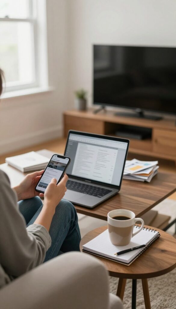 Person negotiating cable or internet bill while sitting in a cozy living room with laptop and phone