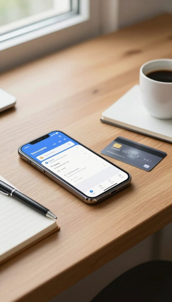 Desk with smartphone showing subscription management app, credit card, notebook, and coffee cup