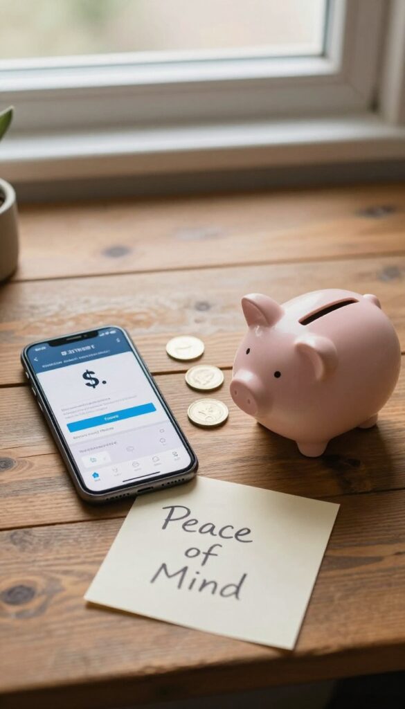 A smartphone displaying a $5 transfer, a piggy bank, and a note on a wooden desk in natural light.