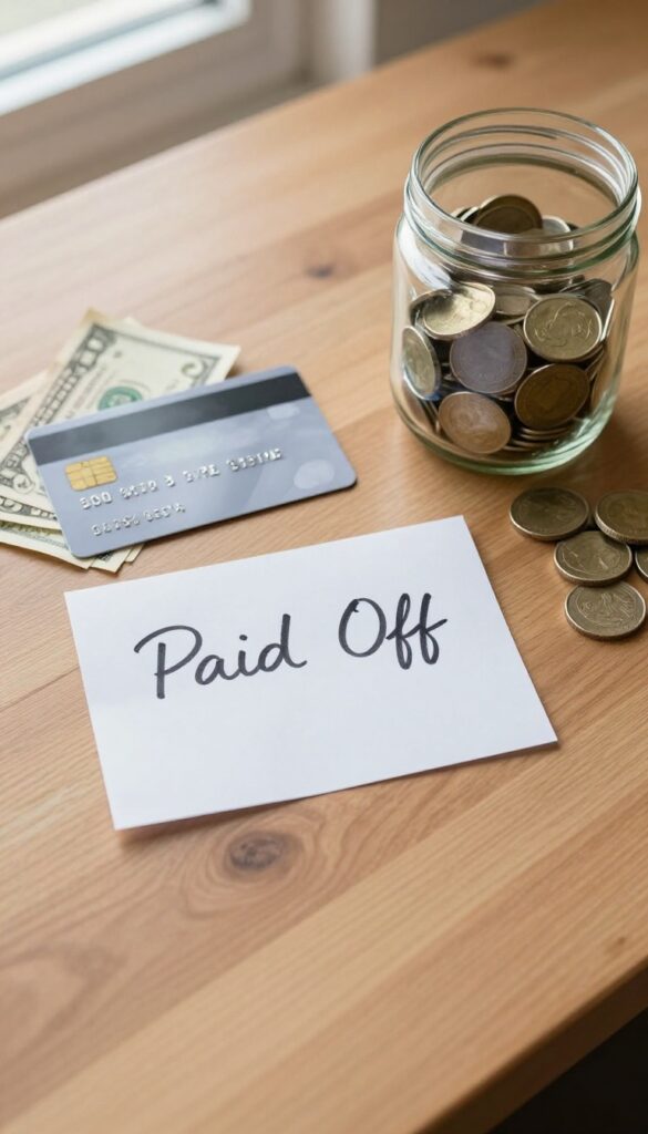 A desk with cash, a credit card, a 'Paid Off' note, and a jar of coins, representing debt payoff success.