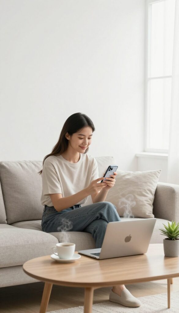 Woman relaxing in a minimalist living room while managing savings on her phone, symbolizing avoiding lifestyle inflation.