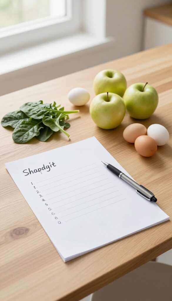 A handwritten shopping list on a wooden table with fresh groceries in bright natural light