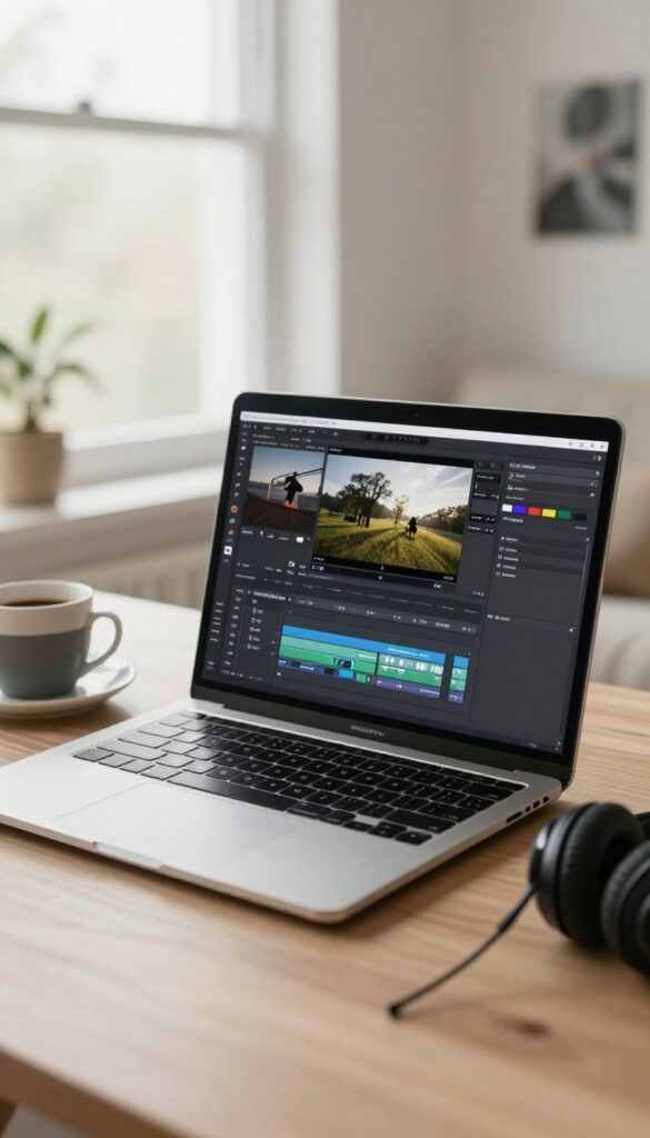 Laptop with video editing software timeline on screen, headphones and coffee on desk, bright natural light