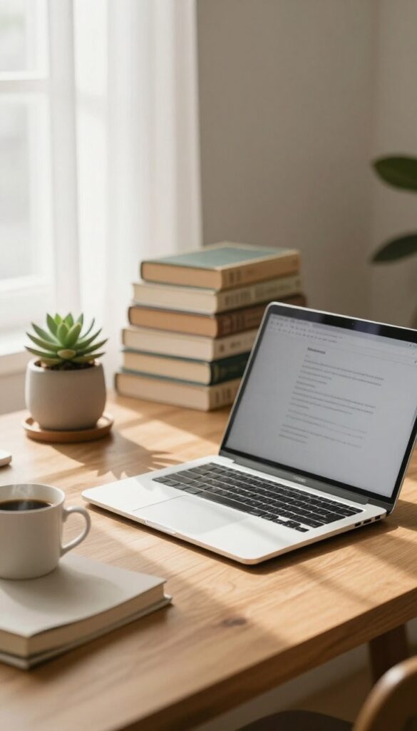 Cozy home office with laptop, coffee, and books for blogging or newsletter writing side hustle.
