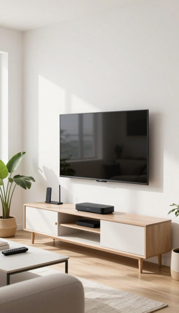 A living room setup with a TV, streaming device, and antenna, representing cutting the cord on cable.