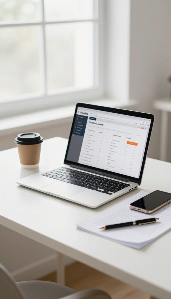 Open laptop showing insurance comparison website on a clean desk with documents and coffee