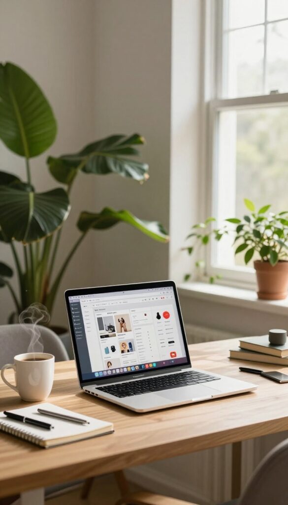 Cozy home office with laptop displaying Pinterest board, plants, and coffee, bright natural light