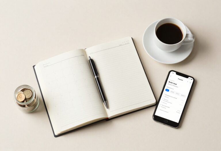 Monthly money checklist flat lay with planner, phone, savings jar, and coffee.