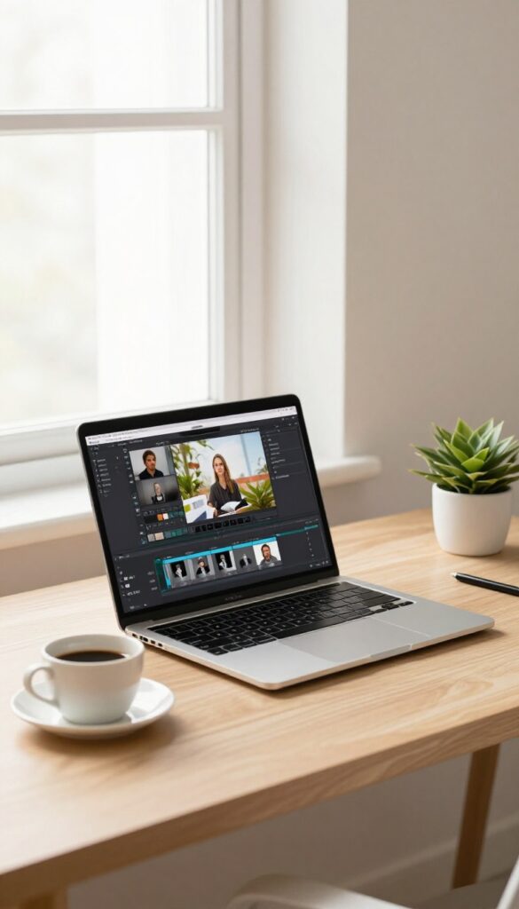 Home office with laptop and microphone for online course creation
