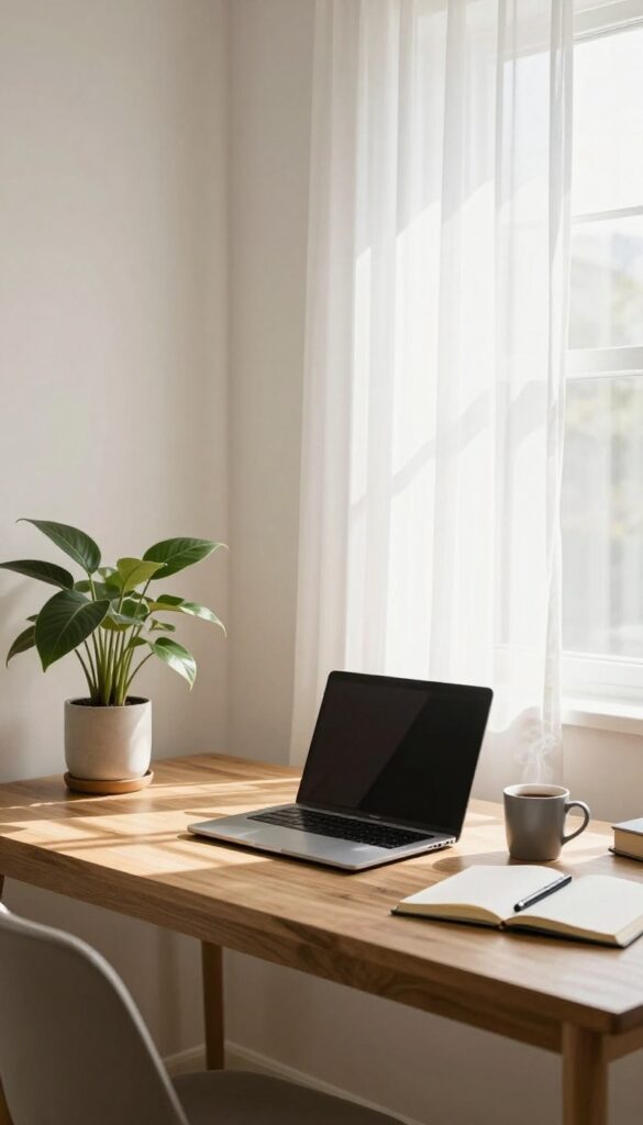 A cozy home office setup with a laptop, coffee, notebook, and pen on a wooden desk, bathed in natural light.
