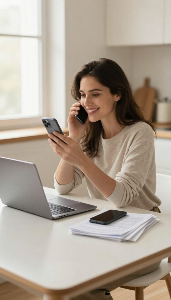 Mom negotiating bills on phone with laptop and bills on table