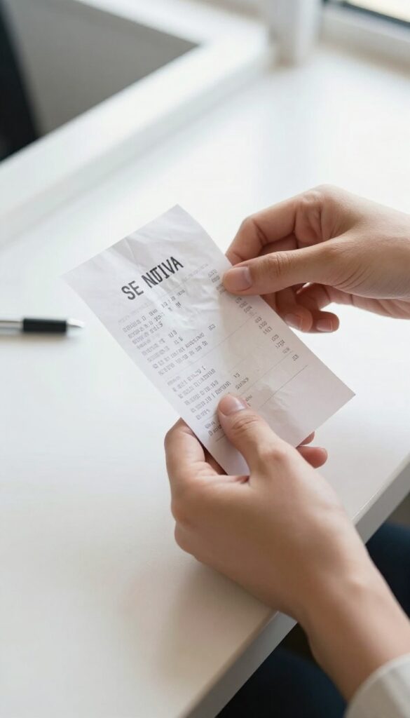 Person reviewing a receipt at a checkout counter with shopping bags