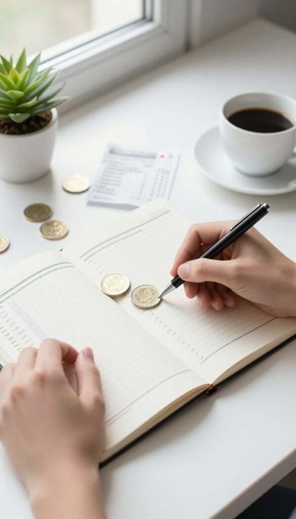 Person at desk with budget notebook, coins, and receipt, soft sunlight, calm forgiving mood