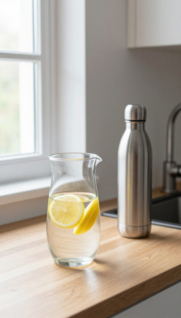 Filtered tap water in a glass pitcher and reusable bottle on a kitchen counter