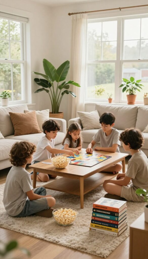 Family playing board games on the floor in a bright living room during a no-spend weekend