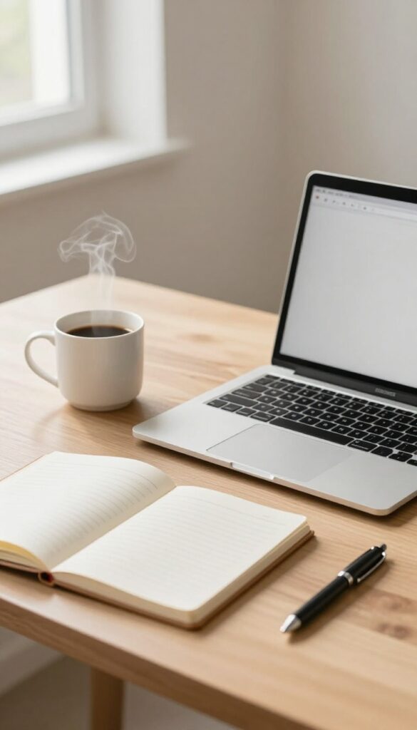 Cozy desk setup with laptop, coffee, notebook, and pen in natural light