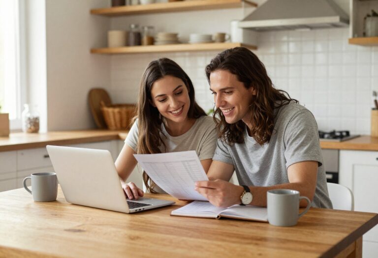 Couple budgeting together at a kitchen table with laptop and coffee