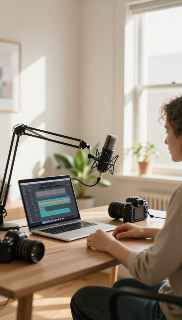 Home studio setup for podcasting or YouTube with microphone, camera, and laptop