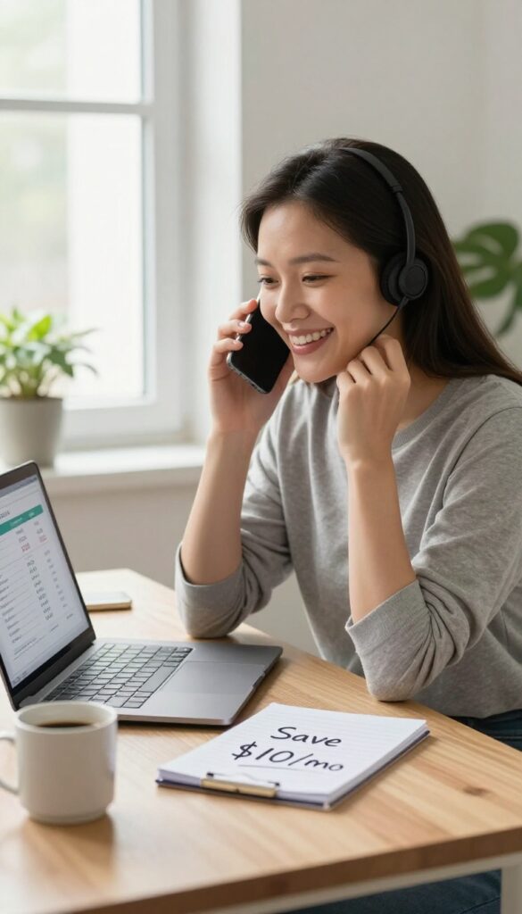 Person negotiating a lower bill on the phone at a home desk with laptop and notepad