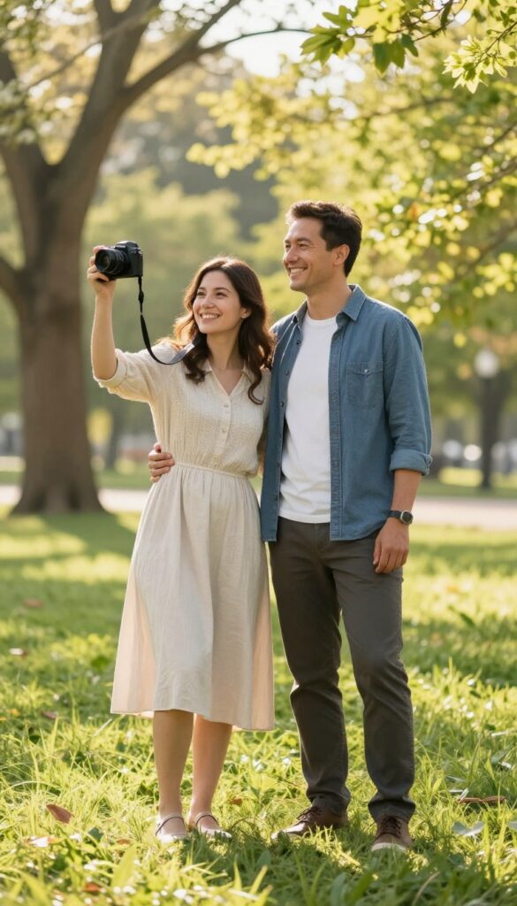 Photographer taking couple portrait in park during golden hour