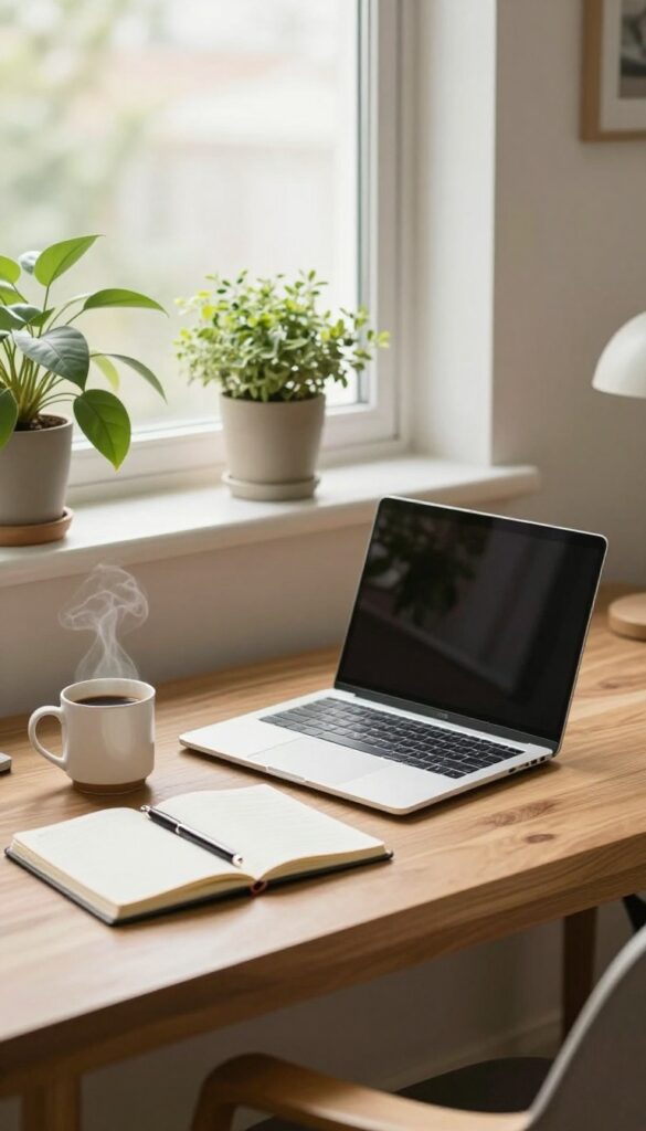 Cozy home office with laptop and coffee for freelance writing