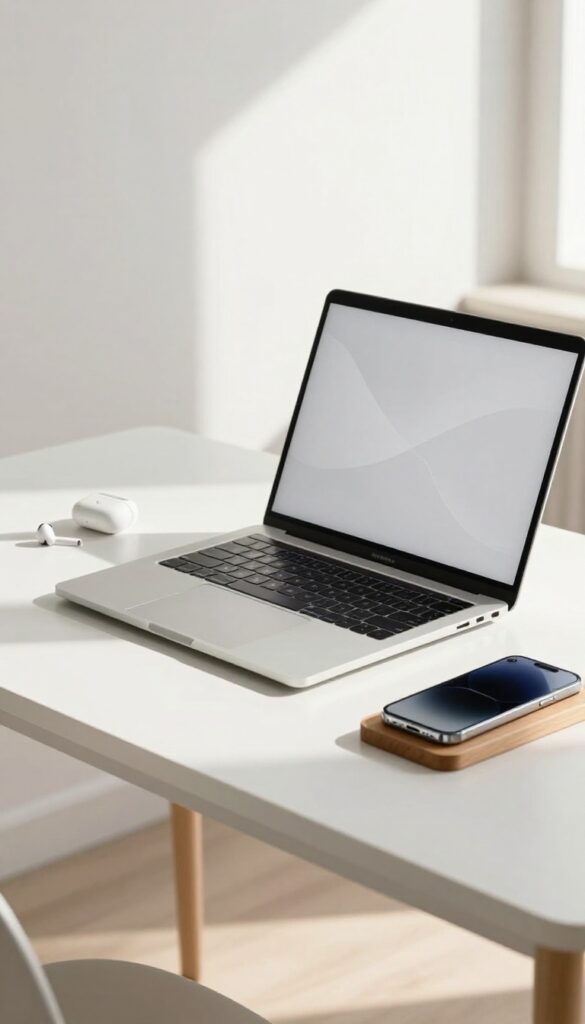 A clean desk with a refurbished laptop, smartphone, and earbuds in natural light, representing buying used electronics.
