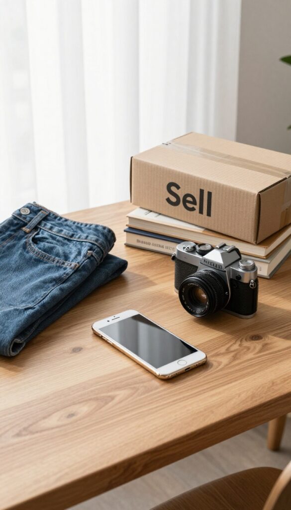 Items to sell online on a wooden table with a box labeled Sell