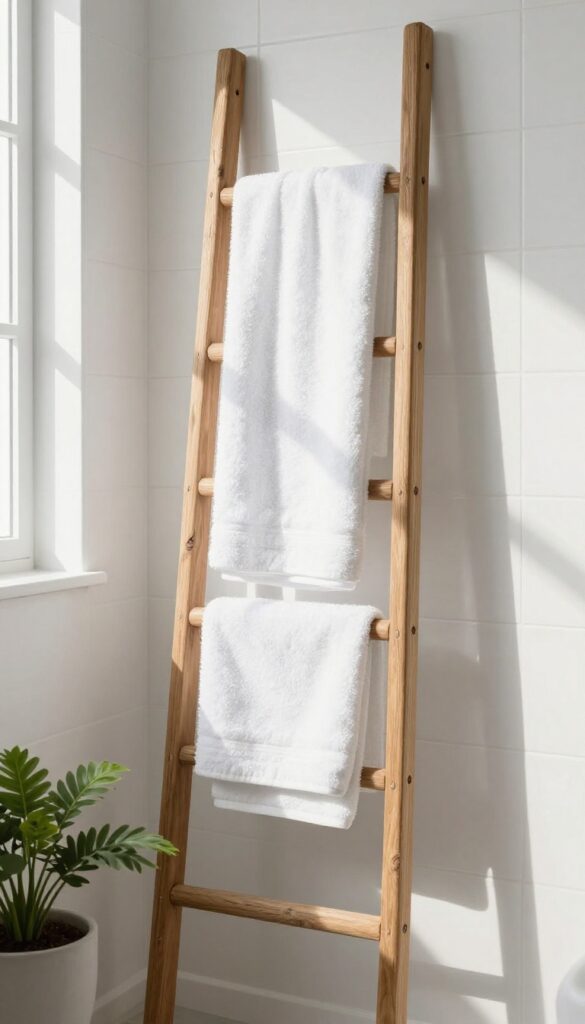 A wooden ladder used as a towel rack in a bright bathroom, with towels draped over the rungs