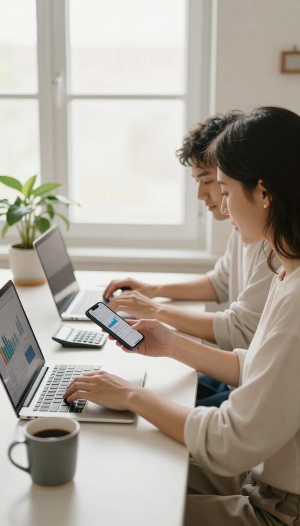 Couple working together on bookkeeping for freelancers at a home office desk