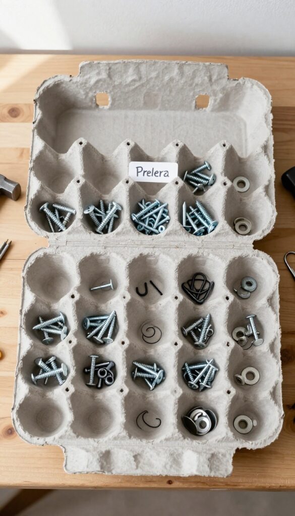 Egg carton used as a organizer for small hardware like screws and nails on a workbench