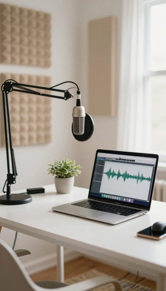 Home voiceover studio setup with microphone, pop filter, laptop, and acoustic panels