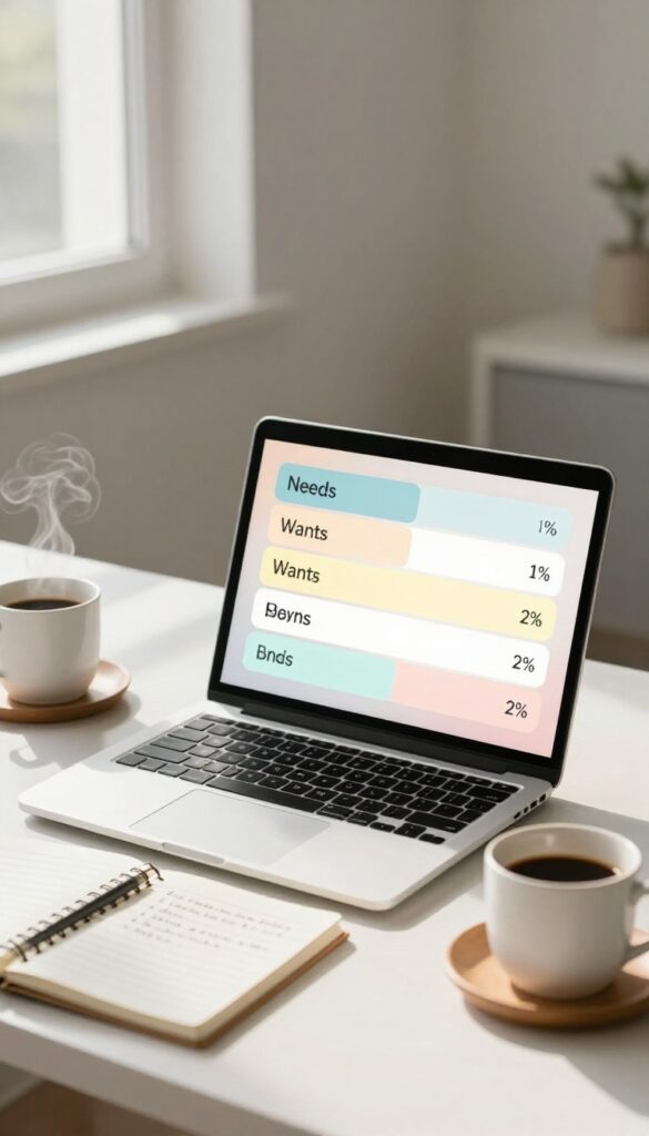 Person analyzing budget categories on laptop with pie chart and notebook