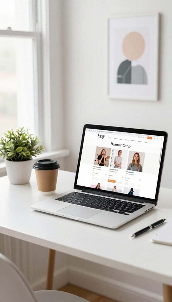 Student selling digital products on Etsy from a laptop at a tidy desk