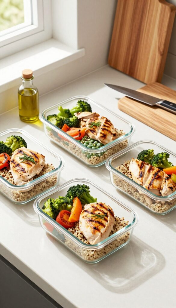 Meal prep containers with healthy food on a kitchen counter