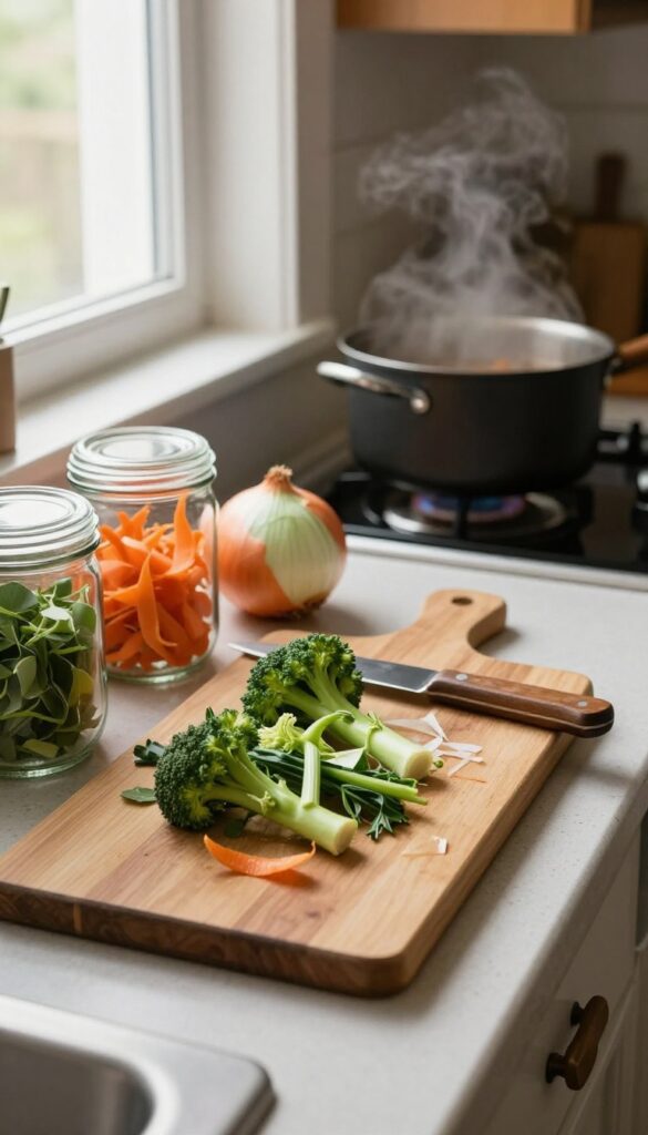 Vegetable scraps on a cutting board and a jar of scraps, with a pot of stock simmering on the stove, natural light, rustic kitchen.