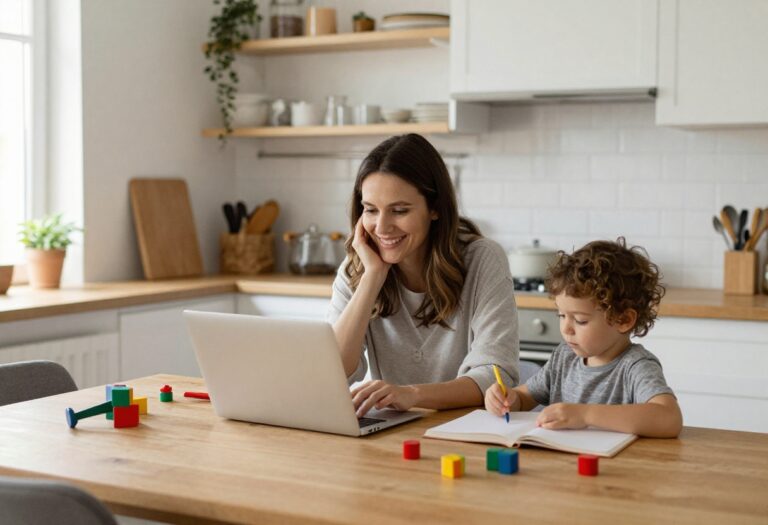 Mom working on a laptop at home with her child playing nearby