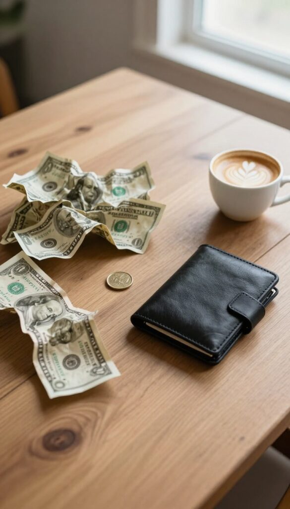 Cash-only weekend concept with cash and coffee on a wooden table