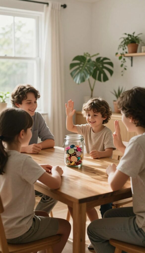 Family celebrating a budgeting win with a token jar on the table