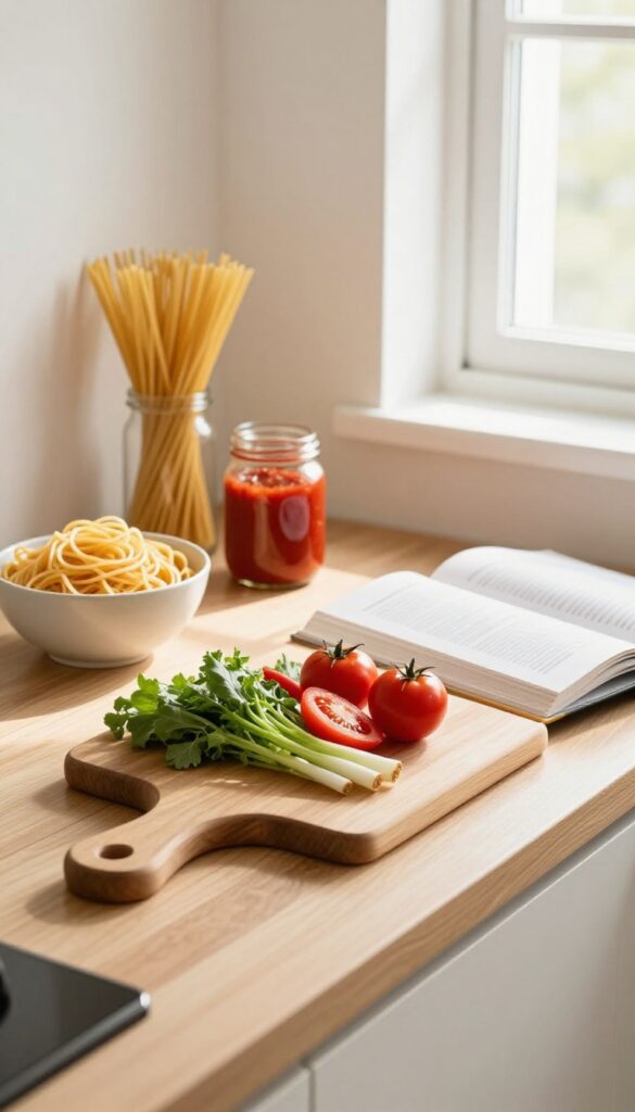 Cozy kitchen counter with fresh ingredients and an open cookbook, ready for home cooking.