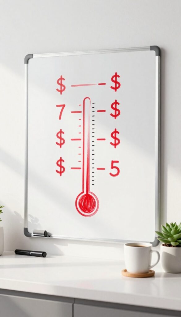 Whiteboard savings tracker with a drawn thermometer, markers, and coffee mug on a kitchen counter in natural light.