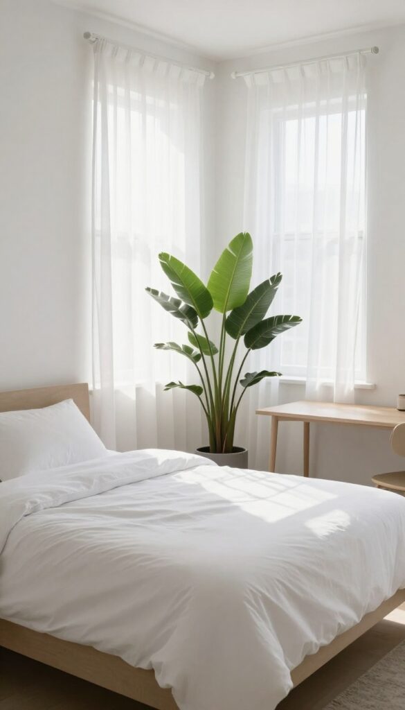 Bright spare room styled as Airbnb rental with bed, desk, and plant