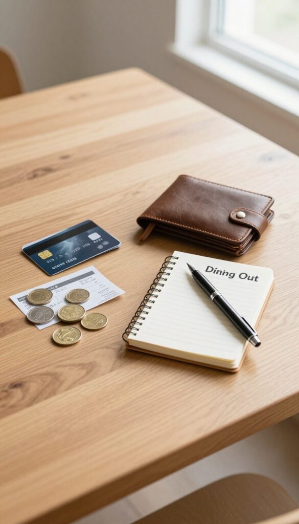 Flat lay of a wallet, credit cards, notebook, pen, coins, and receipt on a wooden table, representing a category-specific budget for dining out.